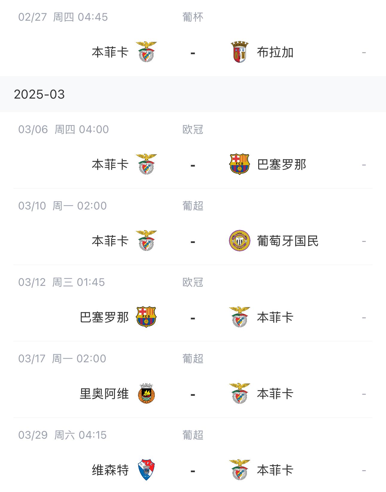  讓路歐冠！本菲卡戰(zhàn)巴薩首回合比賽前的葡超比賽推遲進(jìn)行