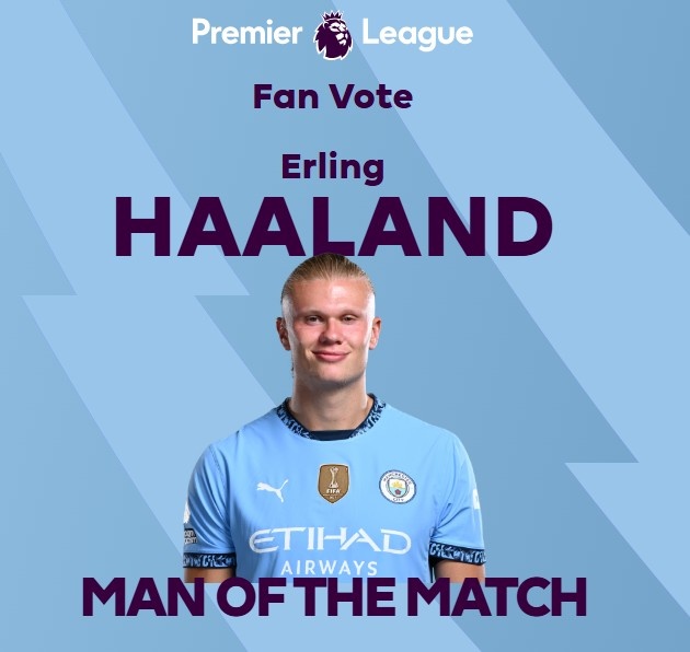  打進致勝球！英超官方：哈蘭德當選曼城1-0熱刺全場最佳球員