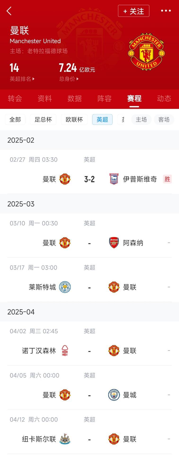  藍狐救一下？曼聯(lián)未來5輪將遭遇英超2/3/4/6名：槍手森林曼城紐卡